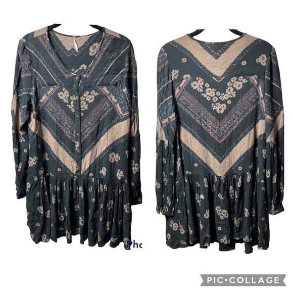 Free People Floral Chevron Pheasant Long Sleeve Tunic Dress - Picture 1 of 8